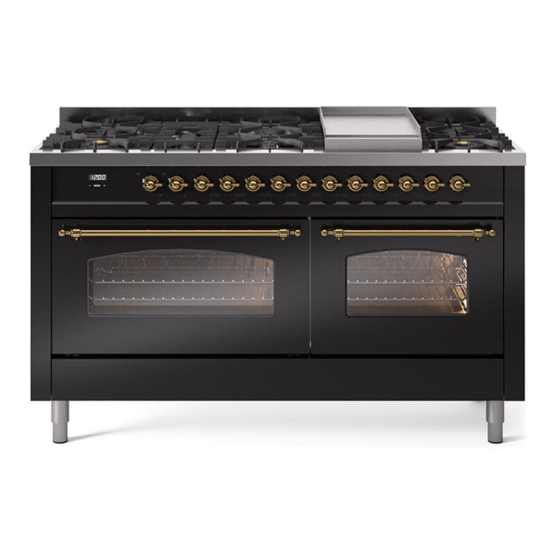 Nostalgie II 60 UP60FNMPBKG Freestanding Dual Fuel Range with 9 Sealed Burners with Griddle Double Oven with Triple Glass Door with Brass knobs