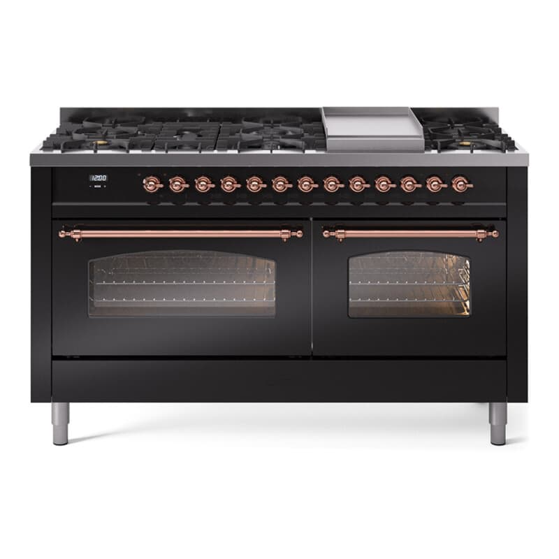 Nostalgie II 60 UP60FNMPBKP Freestanding Dual Fuel Range with 9 Sealed Burners with Griddle Double Oven with Triple Glass Door with Copper knobs