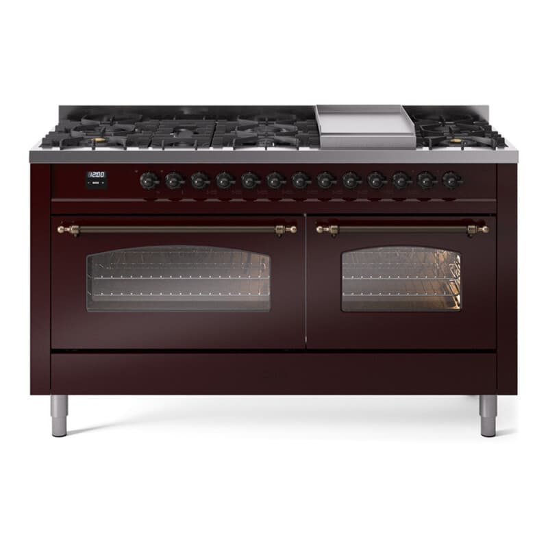 Nostalgie II 60 UP60FNMPBUB Freestanding Dual Fuel Range with 9 Sealed Burners with Griddle Double Oven with Triple Glass Door with Bronze knobs