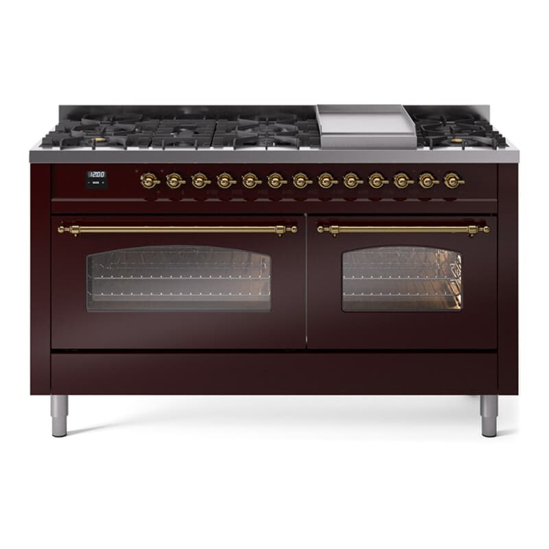 Nostalgie II 60 UP60FNMPBUG Freestanding Dual Fuel Range with 9 Sealed Burners with Griddle Double Oven with Triple Glass Door with Brass knobs