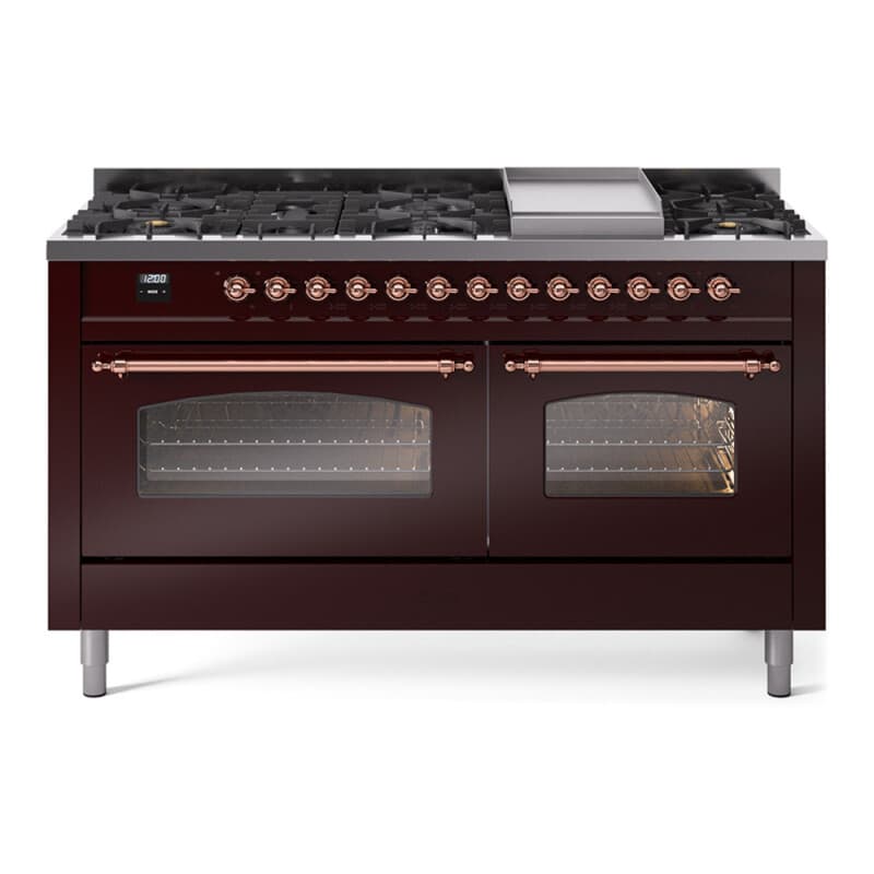 Nostalgie II 60 UP60FNMPBUP Freestanding Dual Fuel Range with 9 Sealed Burners with Griddle Double Oven with Triple Glass Door with Copper knobs