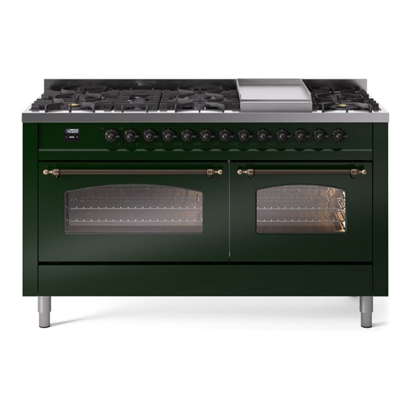 Nostalgie II 60 UP60FNMPEGB Freestanding Dual Fuel Range with 9 Sealed Burners with Griddle Double Oven with Triple Glass Door with Bronze knobs