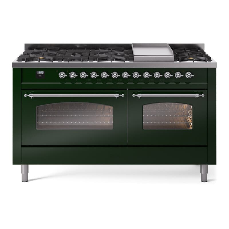 Nostalgie II 60 UP60FNMPEGC Freestanding Dual Fuel Range with 9 Sealed Burners with Griddle Double Oven with Triple Glass Door with Chrome knobs