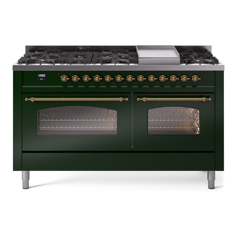 Nostalgie II 60 UP60FNMPEGG Freestanding Dual Fuel Range with 9 Sealed Burners with Griddle Double Oven with Triple Glass Door with Brass knobs