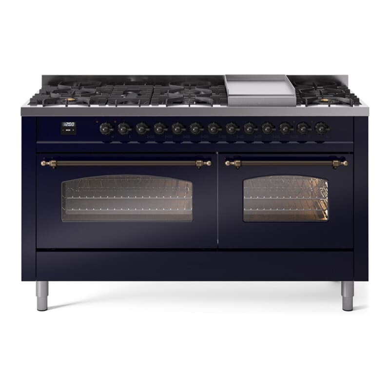 Nostalgie II 60 UP60FNMPMBB Freestanding Dual Fuel Range with 9 Sealed Burners with Griddle Double Oven with Triple Glass Door with Bronze knobs