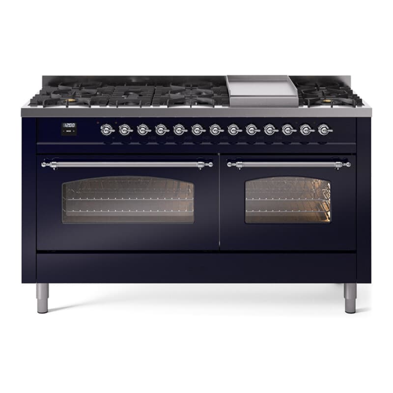 Nostalgie II 60 UP60FNMPMBC Freestanding Dual Fuel Range with 9 Sealed Burners with Griddle Double Oven with Triple Glass Door with Chrome knobs