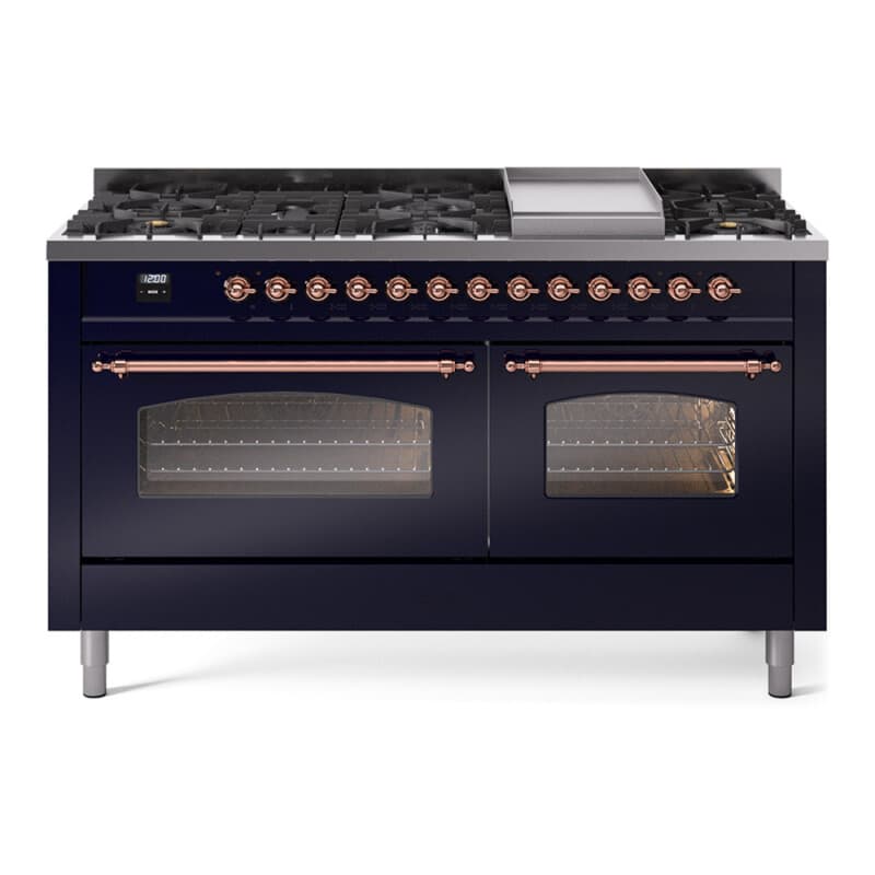 Nostalgie II 60 UP60FNMPMBP Freestanding Dual Fuel Range with 9 Sealed Burners with Griddle Double Oven with Triple Glass Door with Copper knobs
