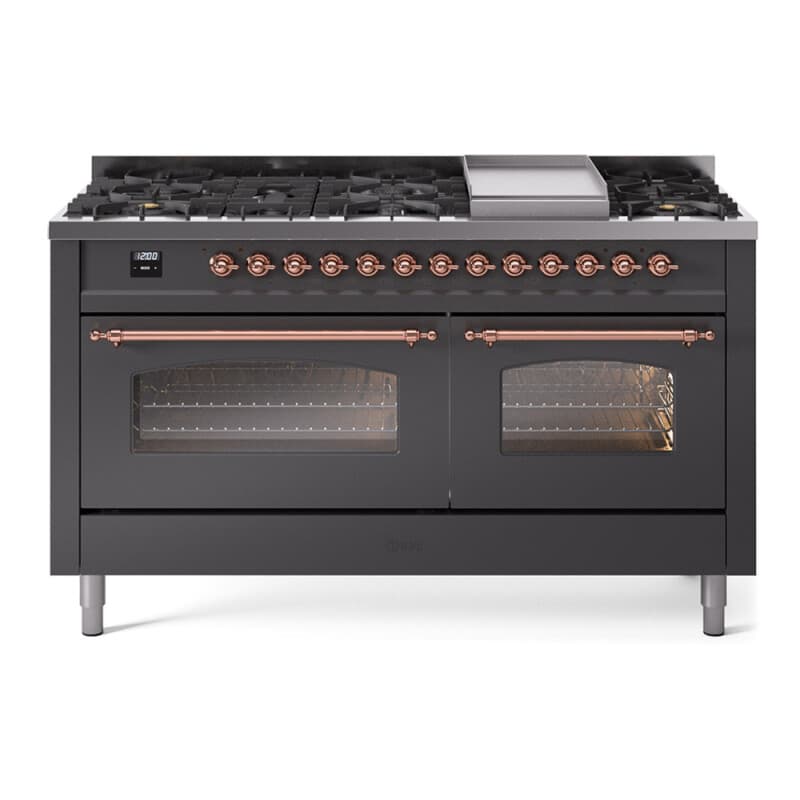 Nostalgie II 60 UP60FNMPMGP Freestanding Dual Fuel Range with 9 Sealed Burners with Griddle Double Oven with Triple Glass Door with Copper knobs
