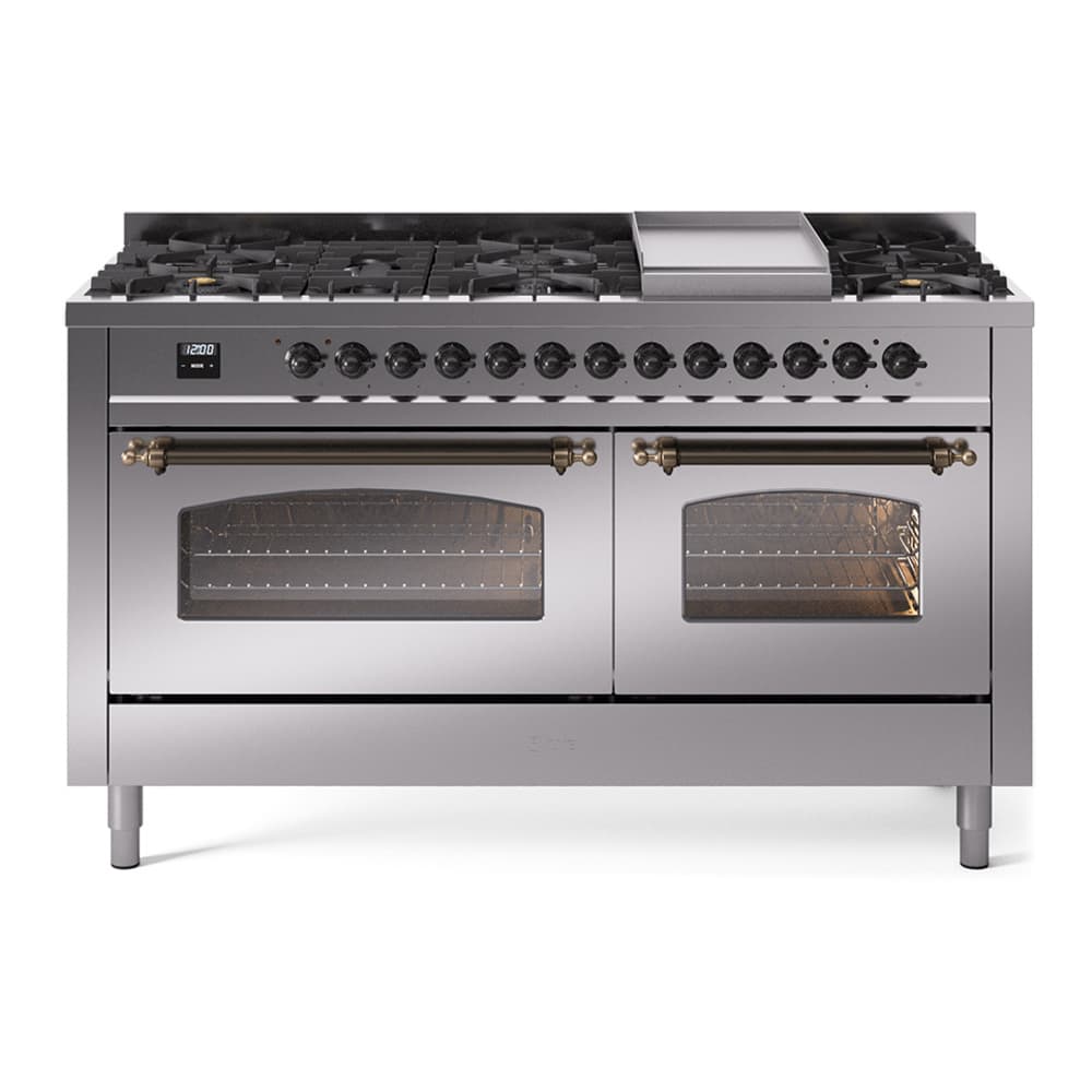 Nostalgie II 60 UP60FNMPSSB Freestanding Dual Fuel Range with 9 Sealed Burners with Griddle Double Oven with Triple Glass Door with Bronze knobs