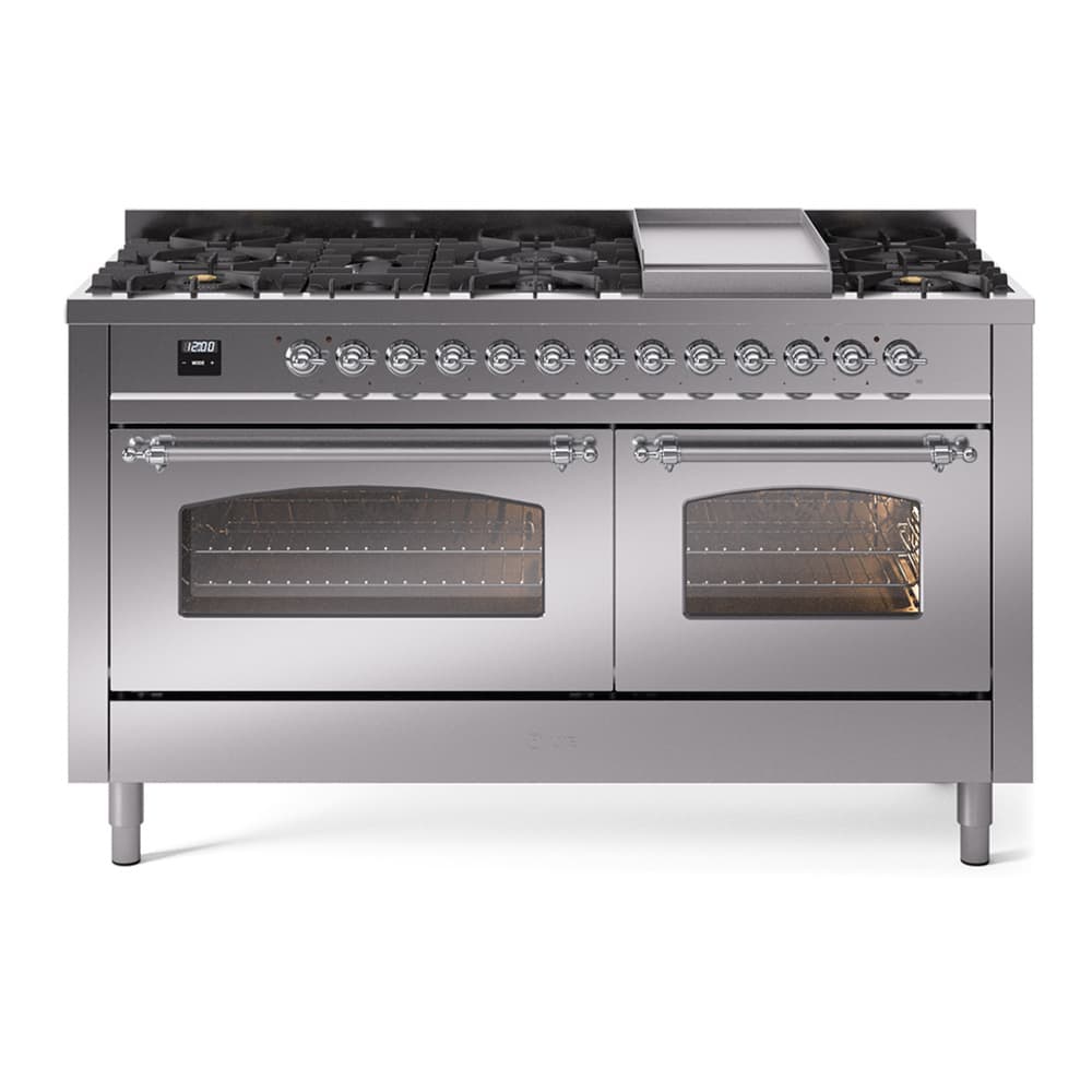 Nostalgie II 60 UP60FNMPSSC Freestanding Dual Fuel Range with 9 Sealed Burners with Griddle Double Oven with Triple Glass Door with Chrome knobs