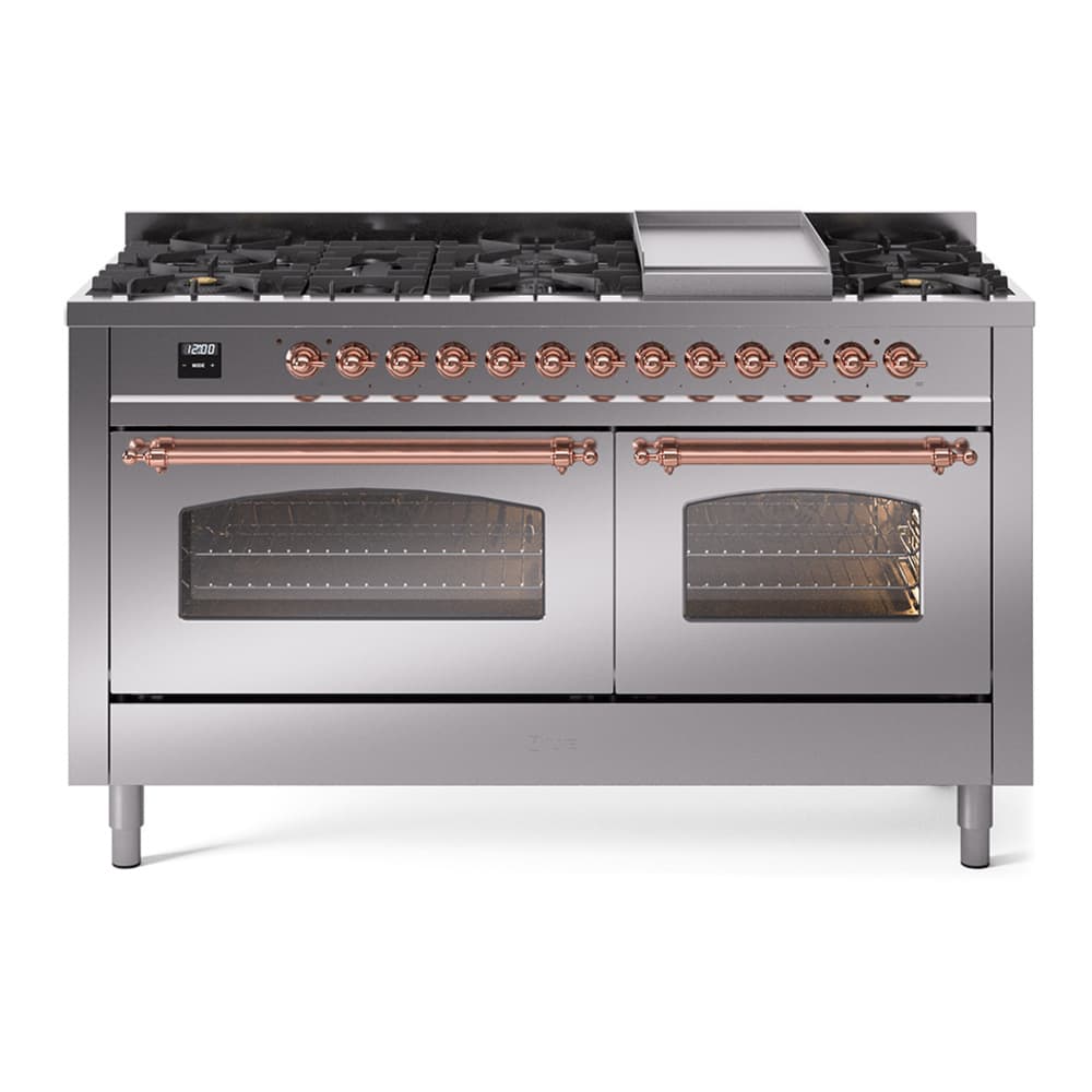 Nostalgie II 60 UP60FNMPSSP Freestanding Dual Fuel Range with 9 Sealed Burners with Griddle Double Oven with Triple Glass Door with Copper knobs