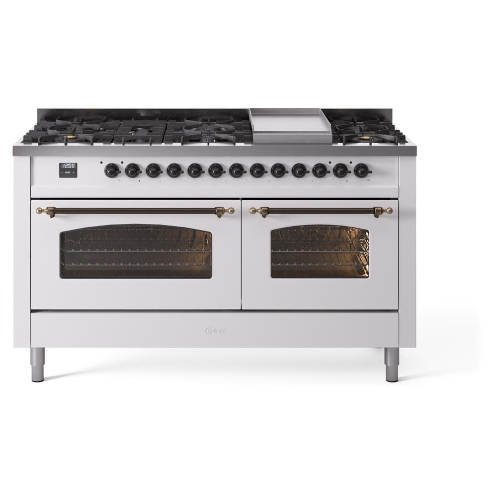 Nostalgie II 60 UP60FNMPWHB Freestanding Dual Fuel Range with 9 Sealed Burners with Griddle Double Oven with Triple Glass Door with Bronze knobs