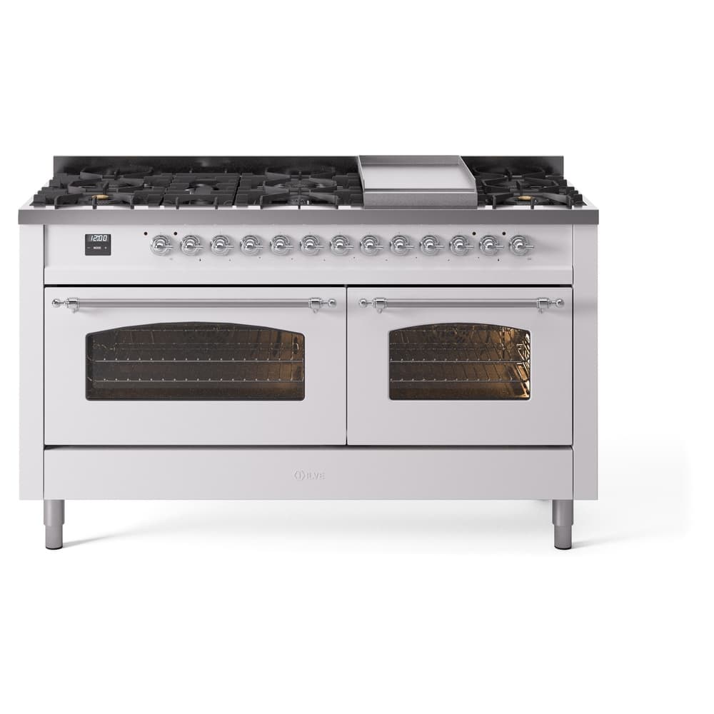 Nostalgie II 60 UP60FNMPWHC Freestanding Dual Fuel Range with 9 Sealed Burners with Griddle Double Oven with Triple Glass Door with Chrome knobs