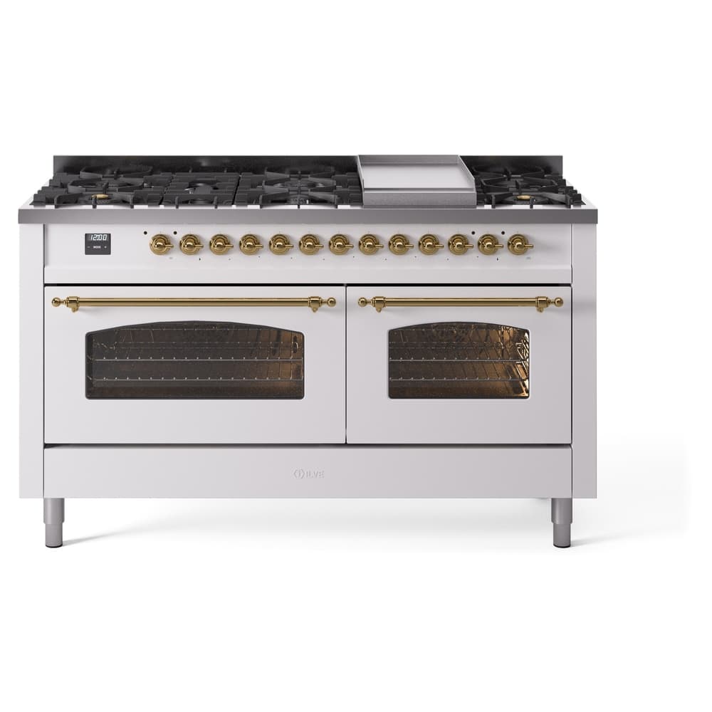 Nostalgie II 60 UP60FNMPWHG Freestanding Dual Fuel Range with 9 Sealed Burners with Griddle Double Oven with Triple Glass Door with Brass knobs