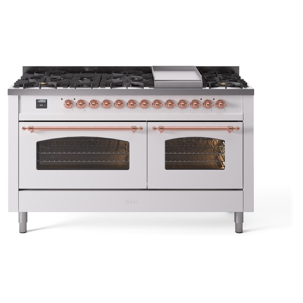 Nostalgie II 60 UP60FNMPWHP Freestanding Dual Fuel Range with 9 Sealed Burners with Griddle Double Oven with Triple Glass Door with Copper knobs