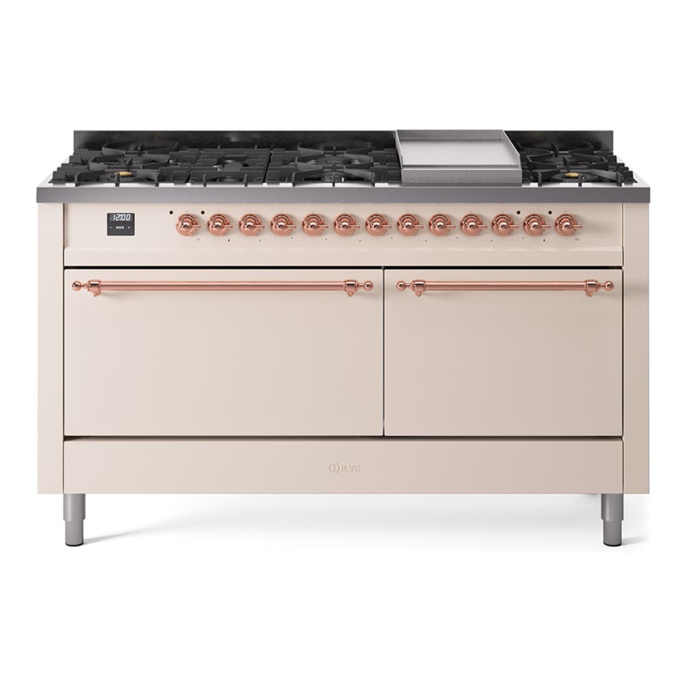Nostalgie II 60 UP60FQNMPAWP Freestanding Dual Fuel Range with 9 Sealed Burners with Griddle Double Oven with Solid Door with Copper knobs