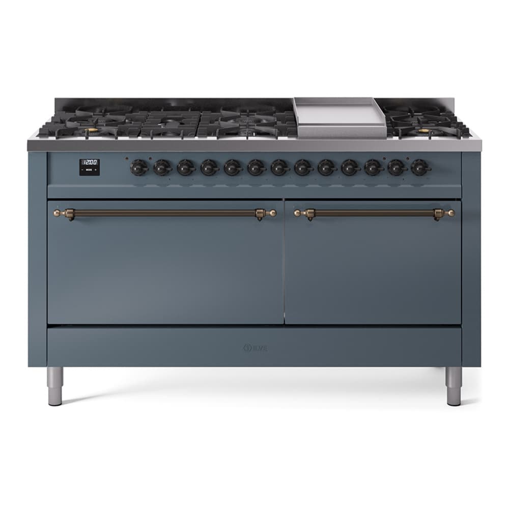 Nostalgie II 60 UP60FQNMPBGB Freestanding Dual Fuel Range with 9 Sealed Burners with Griddle Double Oven with Solid Door with Bronze knobs