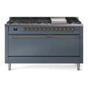 Nostalgie II 60 UP60FQNMPBGG Freestanding Dual Fuel Range with 9 Sealed Burners with Griddle Double Oven with Solid Door with Brass knobs view 1