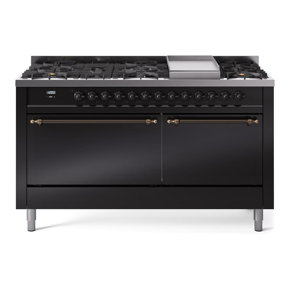 Nostalgie II 60 UP60FQNMPBKB Freestanding Dual Fuel Range with 9 Sealed Burners with Griddle Double Oven with Solid Door with Bronze knobs