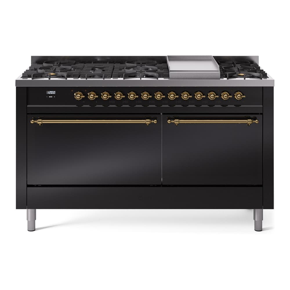Nostalgie II 60 UP60FQNMPBKG Freestanding Dual Fuel Range with 9 Sealed Burners with Griddle Double Oven with Solid Door with Brass knobs