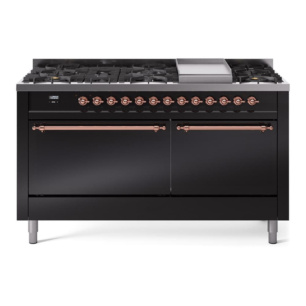 Nostalgie II 60 UP60FQNMPBKP Freestanding Dual Fuel Range with 9 Sealed Burners with Griddle Double Oven with Solid Door with Copper knobs