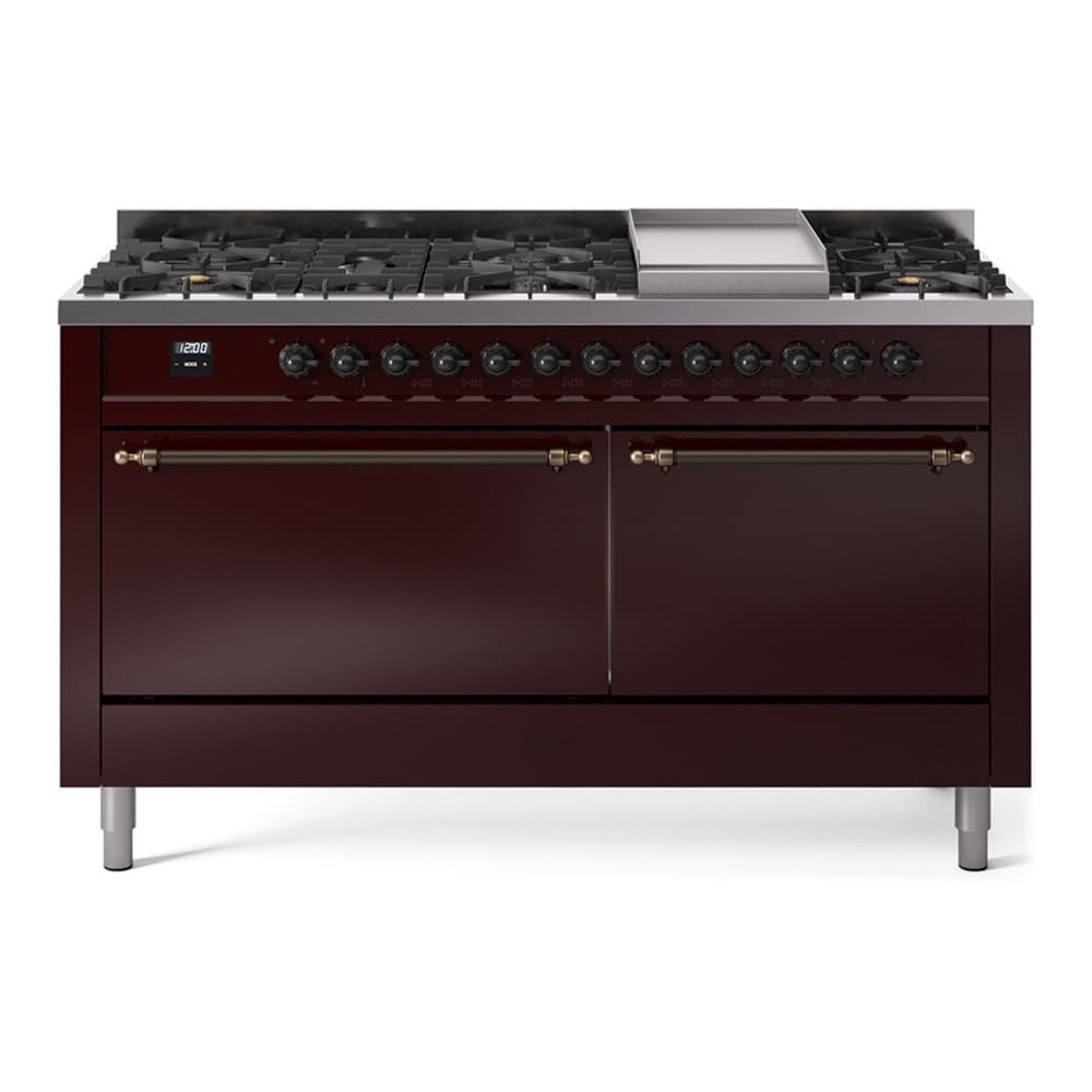Nostalgie II 60 UP60FQNMPBUB Freestanding Dual Fuel Range with 9 Sealed Burners with Griddle Double Oven with Solid Door with Bronze knobs