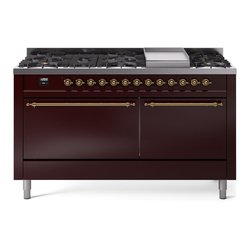 Nostalgie II 60 UP60FQNMPBUG Freestanding Dual Fuel Range with 9 Sealed Burners with Griddle Double Oven with Solid Door with Brass knobs