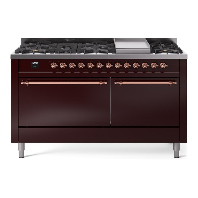 Nostalgie II 60 UP60FQNMPBUP Freestanding Dual Fuel Range with 9 Sealed Burners with Griddle Double Oven with Solid Door with Copper knobs