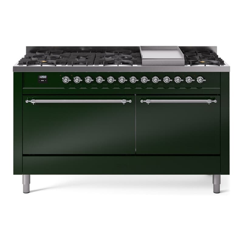 Nostalgie II 60 UP60FQNMPEGC Freestanding Dual Fuel Range with 9 Sealed Burners with Griddle Double Oven with Solid Door with Chrome knobs