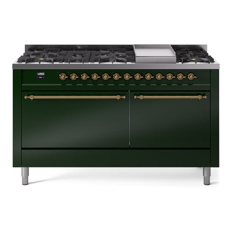 Nostalgie II 60 UP60FQNMPEGG Freestanding Dual Fuel Range with 9 Sealed Burners with Griddle Double Oven with Solid Door with Brass knobs