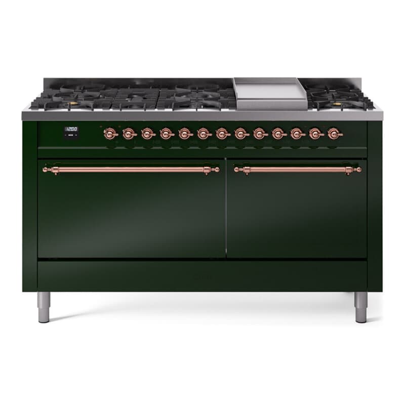 Nostalgie II 60 UP60FQNMPEGP Freestanding Dual Fuel Range with 9 Sealed Burners with Griddle Double Oven with Solid Door with Copper knobs