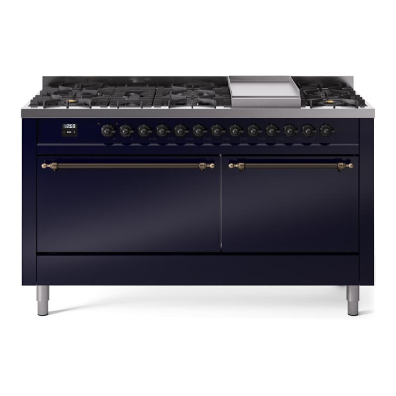 Nostalgie II 60 UP60FQNMPMBB Freestanding Dual Fuel Range with 9 Sealed Burners with Griddle Double Oven with Solid Door with Bronze knobs