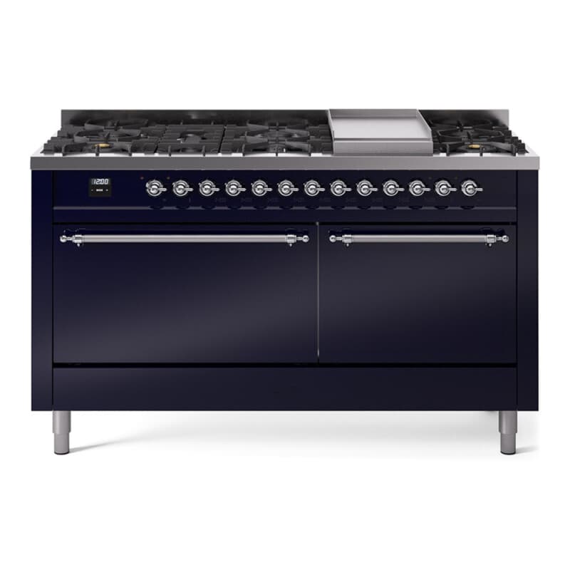 Nostalgie II 60 UP60FQNMPMBC Freestanding Dual Fuel Range with 9 Sealed Burners with Griddle Double Oven with Solid Door with Chrome knobs