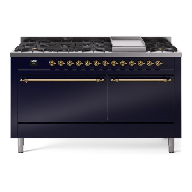 Nostalgie II 60 UP60FQNMPMBG Freestanding Dual Fuel Range with 9 Sealed Burners with Griddle Double Oven with Solid Door with Brass knobs