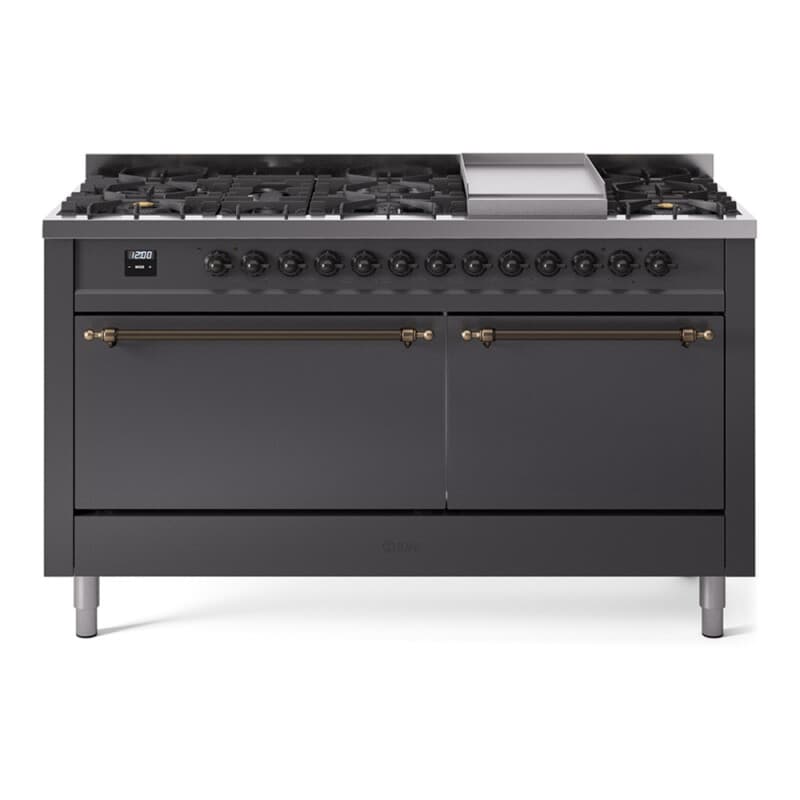 Nostalgie II 60 UP60FQNMPMGB Freestanding Dual Fuel Range with 9 Sealed Burners with Griddle Double Oven with Solid Door with Bronze knobs
