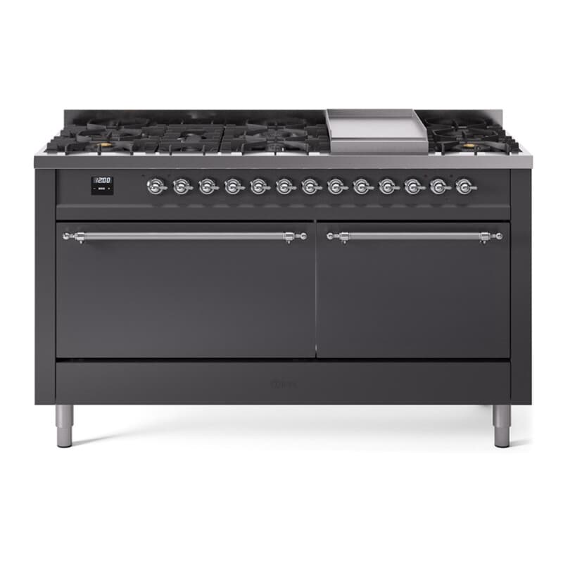 Nostalgie II 60 UP60FQNMPMGC Freestanding Dual Fuel Range with 9 Sealed Burners with Griddle Double Oven with Solid Door with Chrome knobs