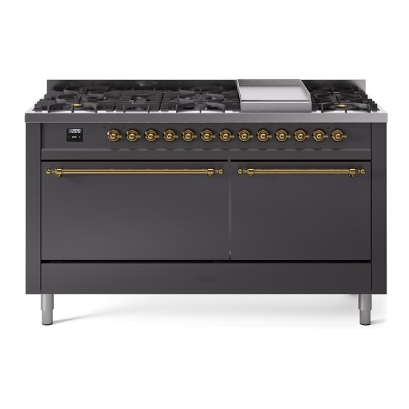 Nostalgie II 60 UP60FQNMPMGG Freestanding Dual Fuel Range with 9 Sealed Burners with Griddle Double Oven with Solid Door with Brass knobs