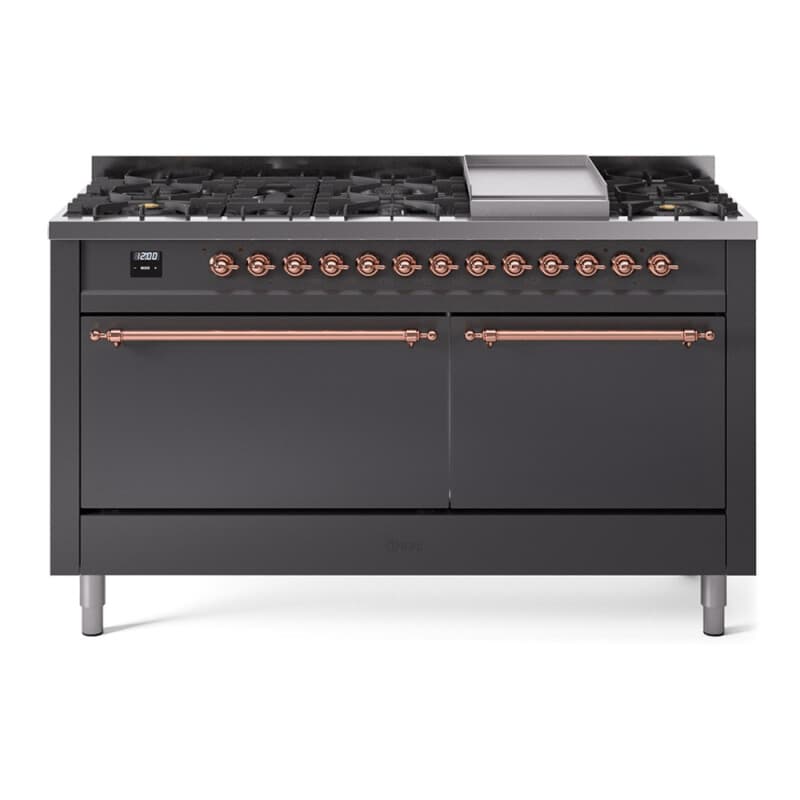 Nostalgie II 60 UP60FQNMPMGP Freestanding Dual Fuel Range with 9 Sealed Burners with Griddle Double Oven with Solid Door with Copper knobs