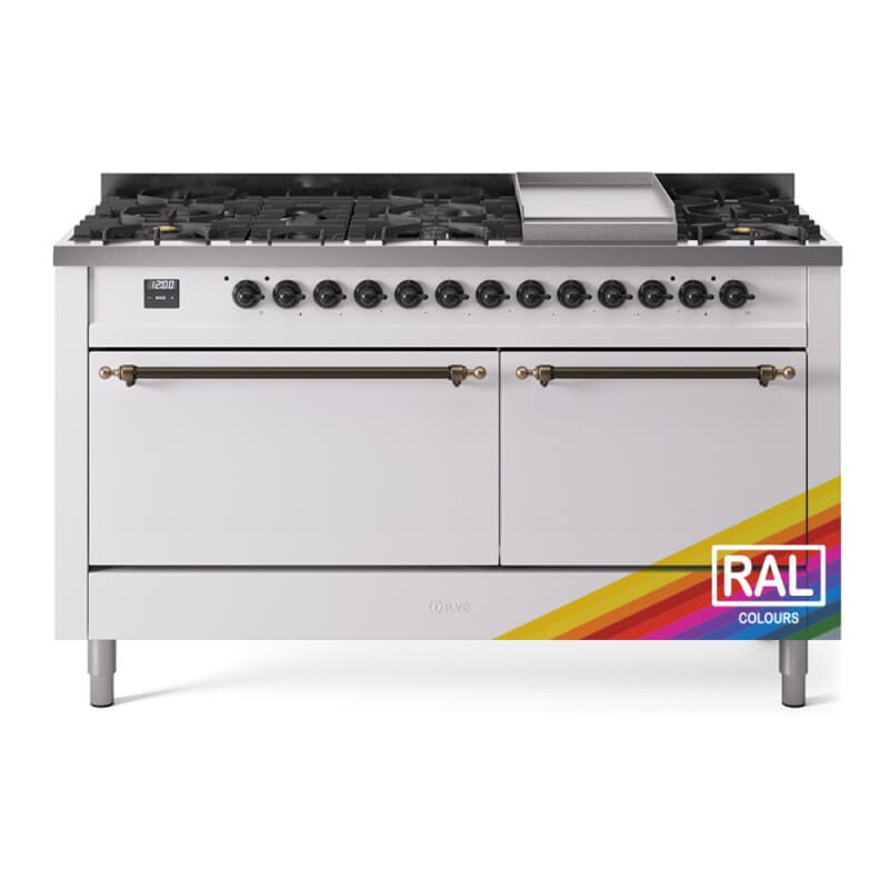 Nostalgie II 60 UP60FQNMPRAB Freestanding Dual Fuel Range with 9 Sealed Burners with Griddle Double Oven with Solid Door with Bronze knobs
