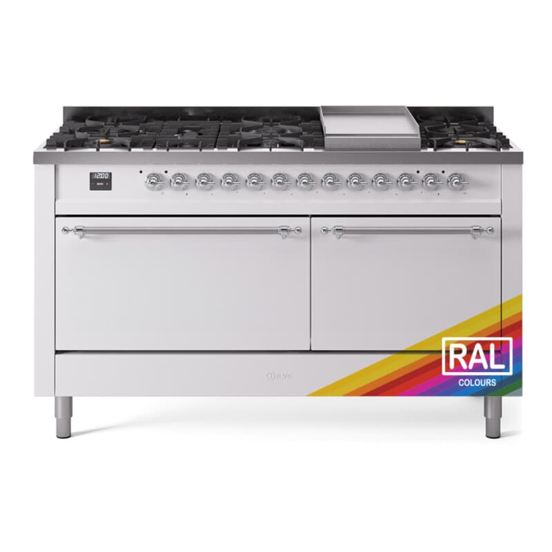 Nostalgie II 60 UP60FQNMPRAC Freestanding Dual Fuel Range with 9 Sealed Burners with Griddle Double Oven with Solid Door with Chrome knobs