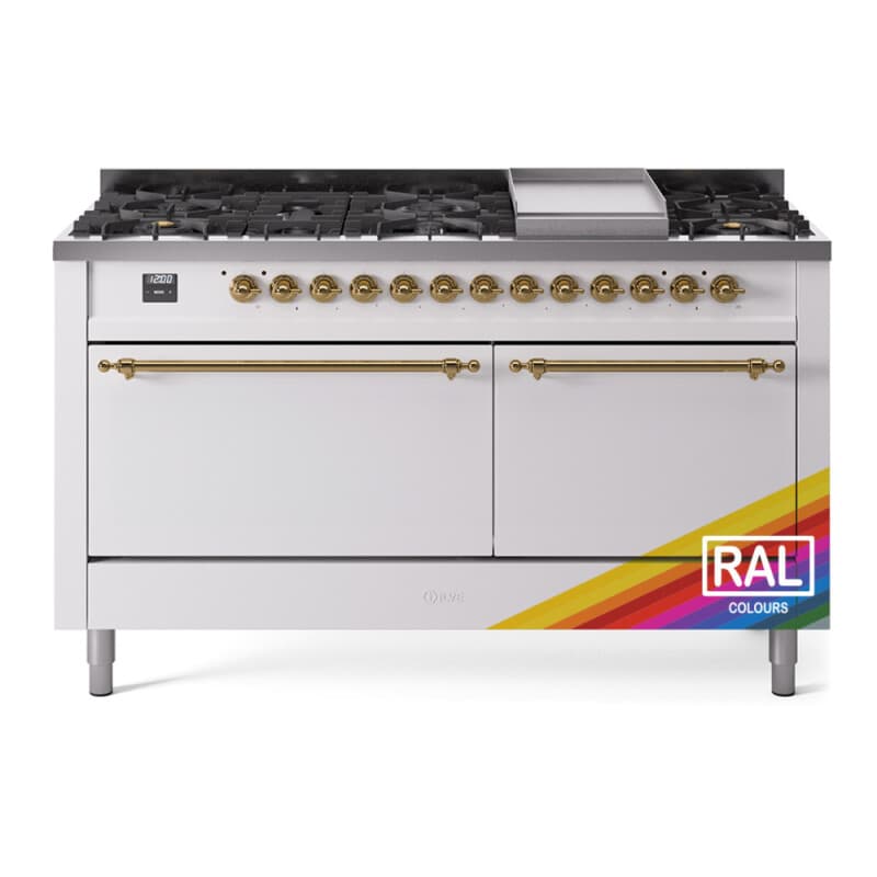 Nostalgie II 60 UP60FQNMPRAG Freestanding Dual Fuel Range with 9 Sealed Burners with Griddle Double Oven with Solid Door with Brass knobs