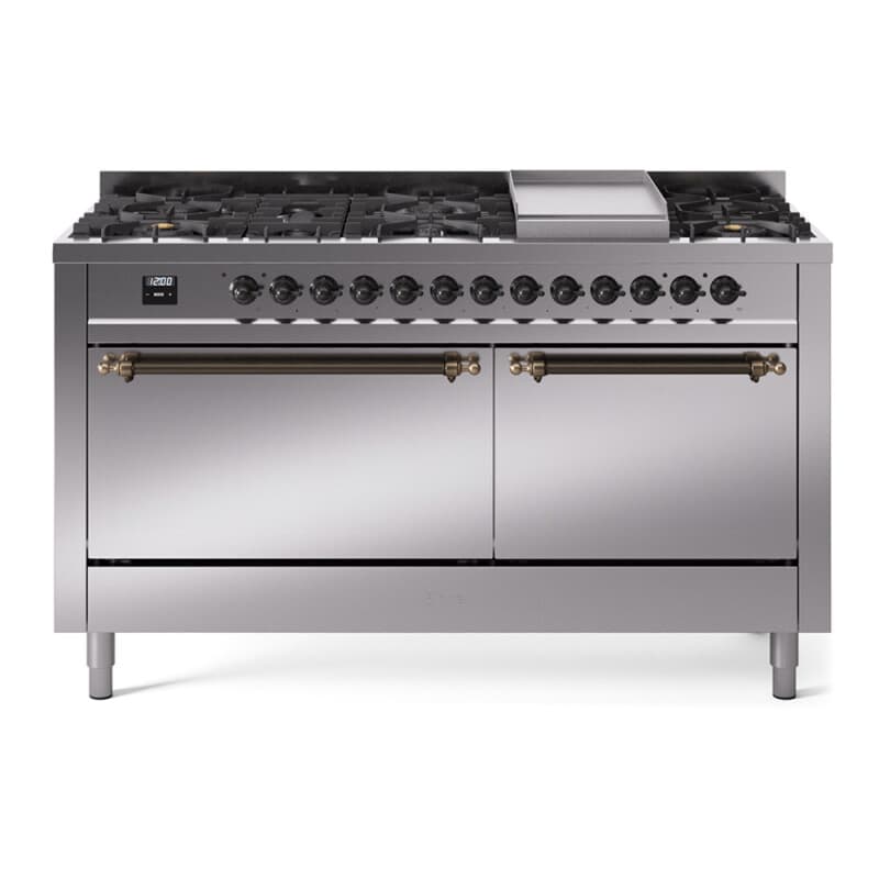 Nostalgie II 60 UP60FQNMPSSB Freestanding Dual Fuel Range with 9 Sealed Burners with Griddle Double Oven with Solid Door with Bronze knobs