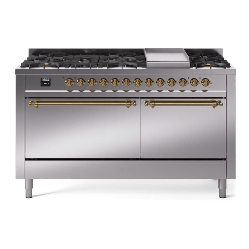 Nostalgie II 60 UP60FQNMPSSG Freestanding Dual Fuel Range with 9 Sealed Burners with Griddle Double Oven with Solid Door with Brass knobs