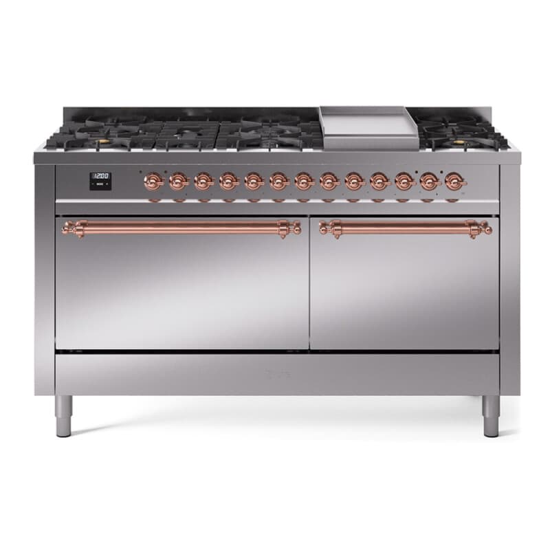 Nostalgie II 60 UP60FQNMPSSP Freestanding Dual Fuel Range with 9 Sealed Burners with Griddle Double Oven with Solid Door with Copper knobs