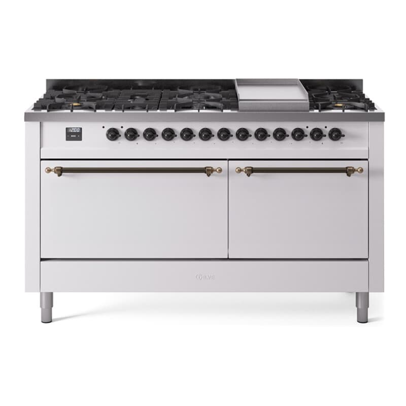 Nostalgie II 60 UP60FQNMPWHB Freestanding Dual Fuel Range with 9 Sealed Burners with Griddle Double Oven with Solid Door with Bronze knobs