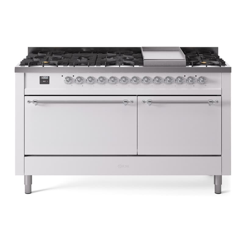 Nostalgie II 60 UP60FQNMPWHC Freestanding Dual Fuel Range with 9 Sealed Burners with Griddle Double Oven with Solid Door with Chrome knobs