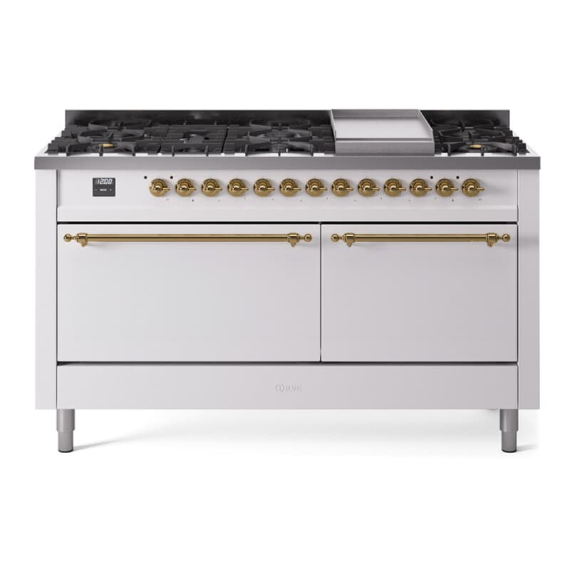 Nostalgie II 60 UP60FQNMPWHG Freestanding Dual Fuel Range with 9 Sealed Burners with Griddle Double Oven with Solid Door with Brass knobs