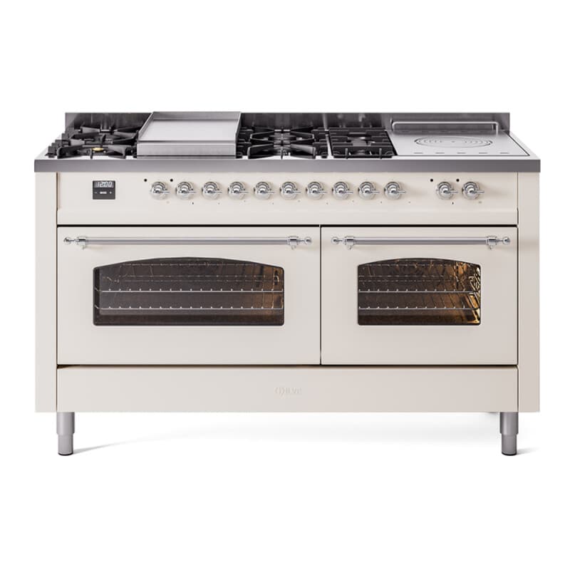 Nostalgie II 60 UP60FSNMPAWC Freestanding Dual Fuel Range with 7 Sealed Burners with Griddle and French Top Double Oven with Triple Glass Door with Chrome knobs