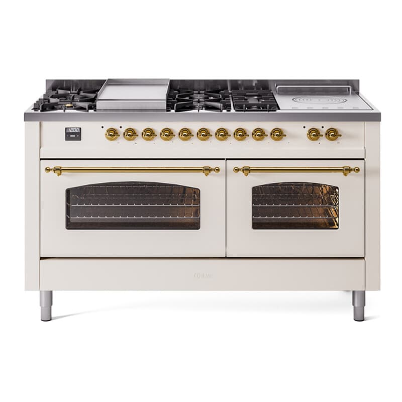 Nostalgie II 60 UP60FSNMPAWG Freestanding Dual Fuel Range with 7 Sealed Burners with Griddle and French Top Double Oven with Triple Glass Door with Brass knobs
