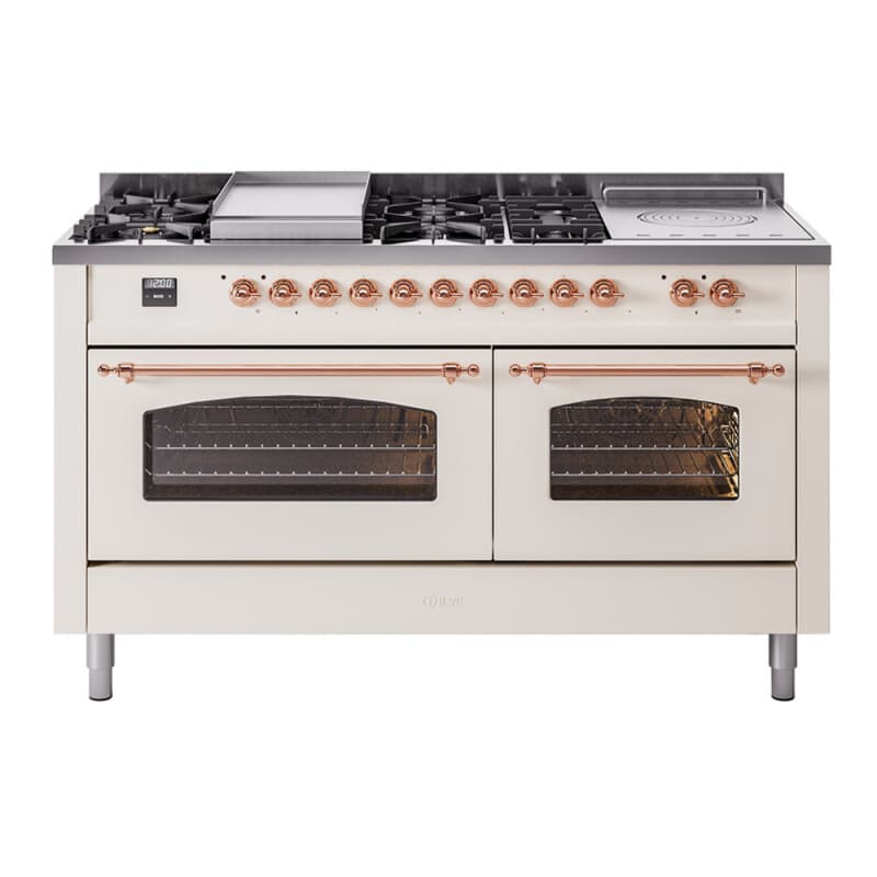 Nostalgie II 60 UP60FSNMPAWP Freestanding Dual Fuel Range with 7 Sealed Burners with Griddle and French Top Double Oven with Triple Glass Door with Copper knobs